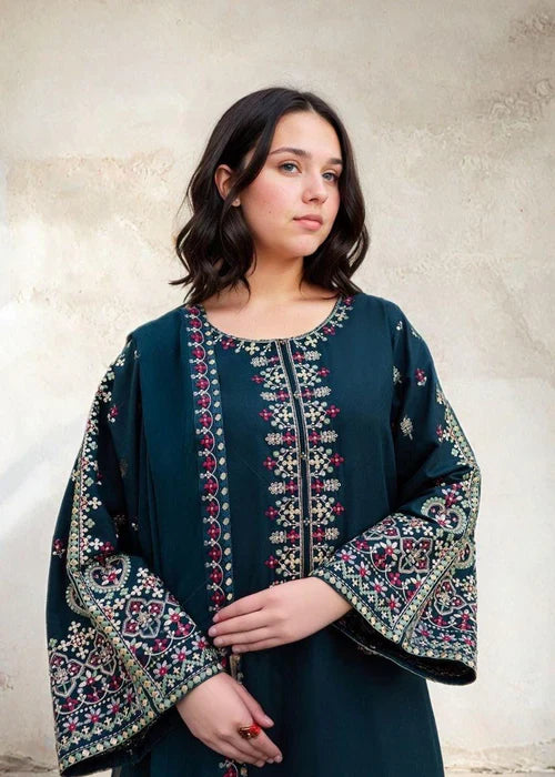 JGL219 3 pieces teal Linen Embroidered